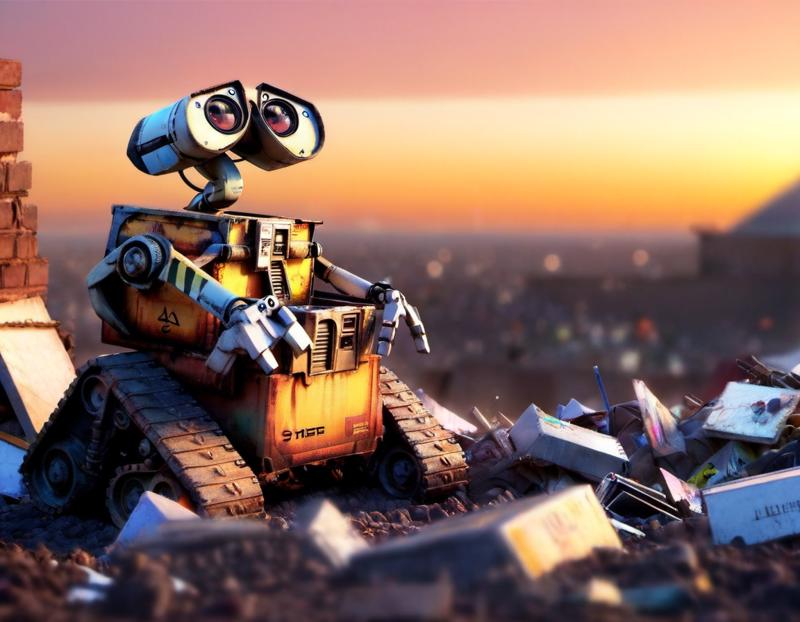 26021-8816615-(((absurdres))), (((megamech))), (realistic 3D CGI render of Wall-E from Pixar movie), ((pixar quality)), futuristic junk yard,.png